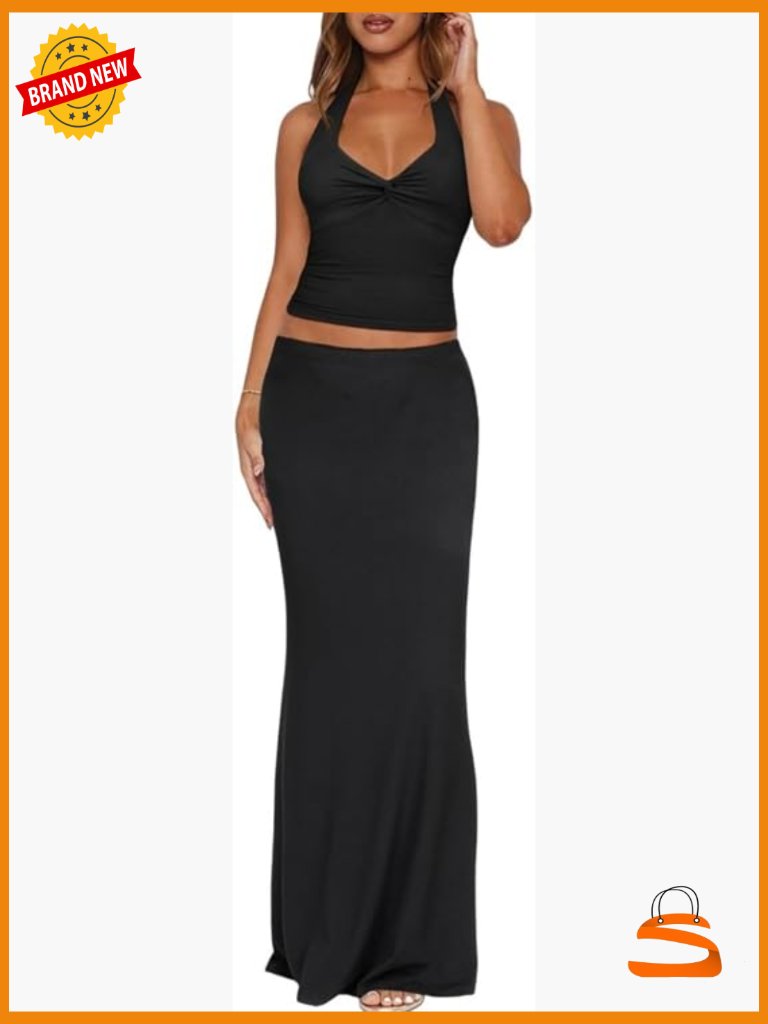 Women's 2 Piece Skirt Set - Twist Front Halter Crop Top & Maxi Skirt Outfit